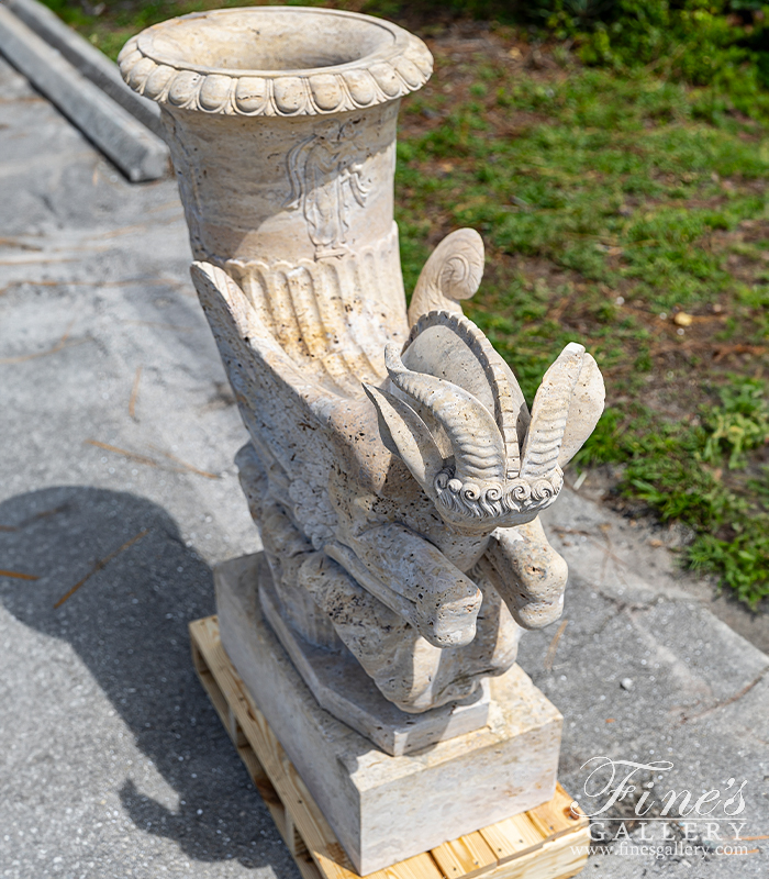 Marble Planters  - Mythical Ram Planter Pair In Classic Light Travertine - MP-343